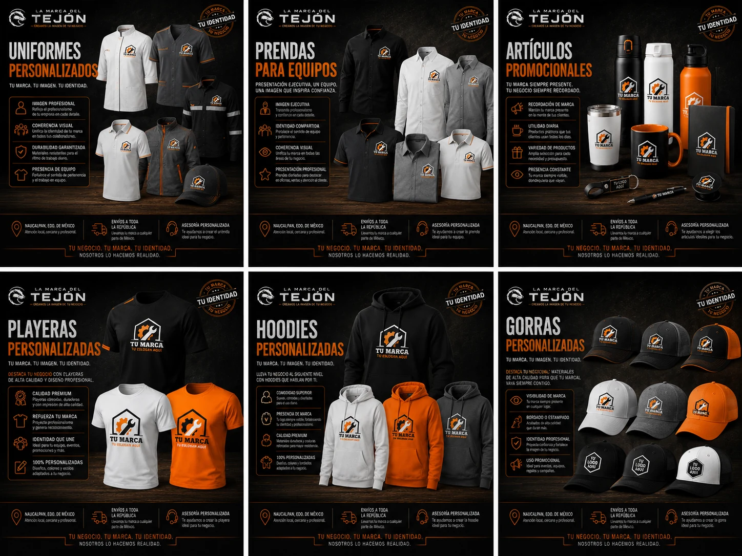 Collage de playeras, hoodies, gorras, uniformes, prendas para equipos y artículos promocionales personalizados.