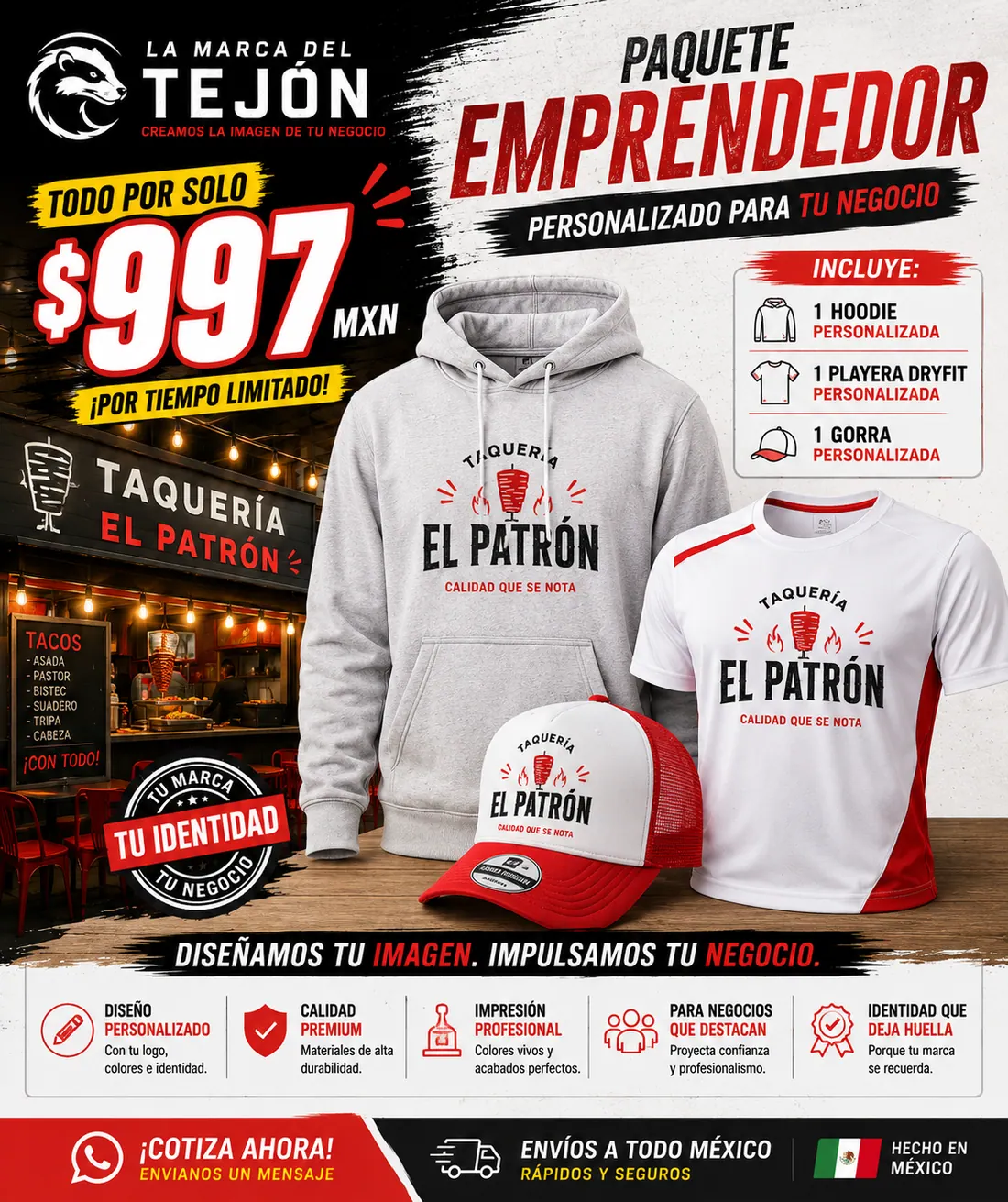 Propuesta de aplicación de una identidad en gorra, hoodie y playera