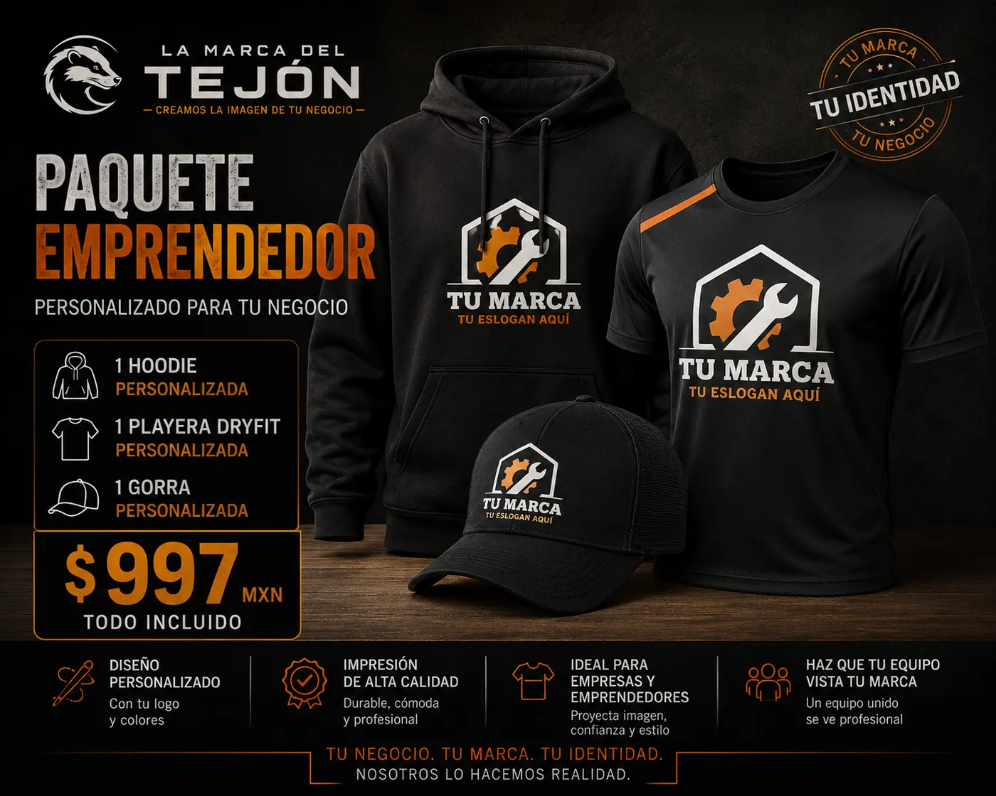 Ejemplo conceptual de identidad aplicada en prendas y artículos promocionales