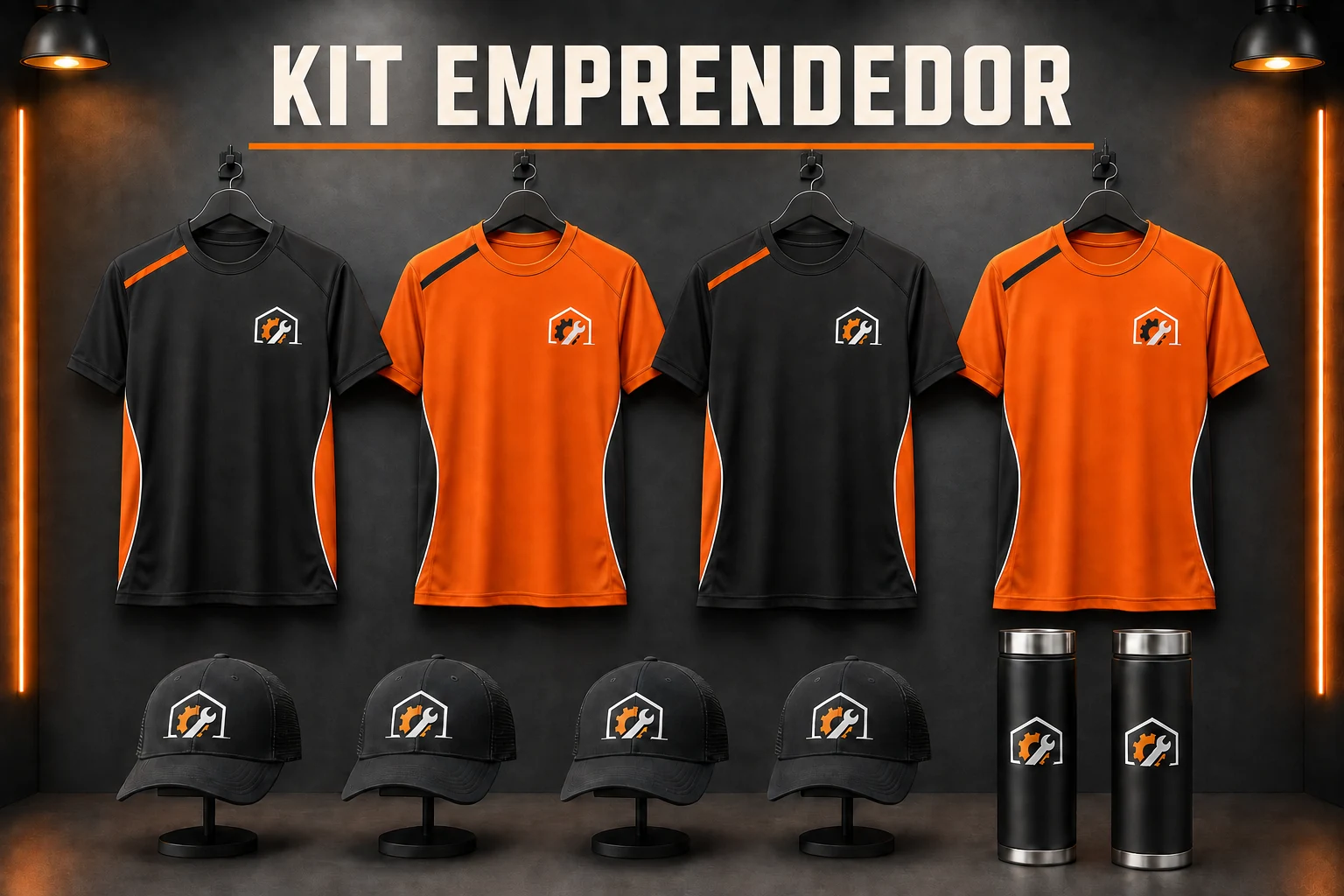 Kit Emprendedor con cuatro playeras dry fit, cuatro gorras y dos termos personalizados.